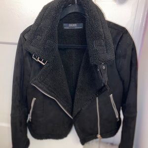 Zara Black Sherpa Moto Jacket Cozy Chic Biker Jacket